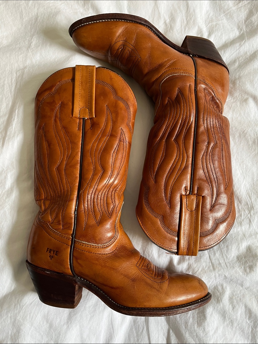 Vtg Frye Leather embroidered Cowboy Boots Tan Western Ranch Cowgirl Boho